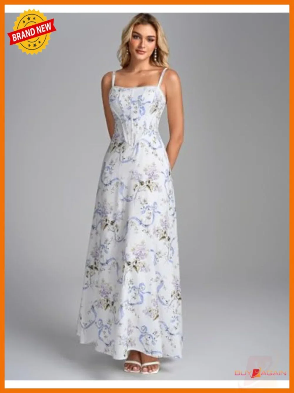 Corset Spaghetti Strap Floral Maxi Dress Square Neck Backless Formal